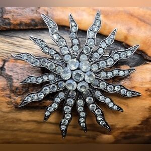Sunburst Brooch Gunmetal Grey Frosted Glass Crystals 2.25" Diameter